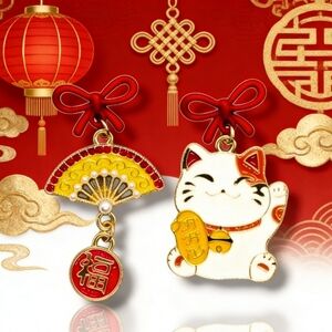Fortune Cat & Fan Drop Earrings Lucky Chinese Gift